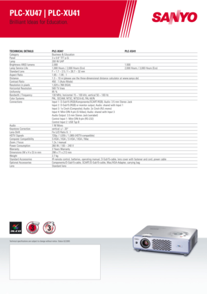 Page 2Technical specifications are subject to change without notice. Status 02/2005
PLC-XU47 | PLC-XU41
Brilliant Ideas for Education.
TECHNICAL DETAILS PLC-XU47 PLC-XU41Category Business & EducationPanel 3 x 0.8 TFT p-SiLamp 200 W UHPBrightness ANSI lumens 2,000 1,500Lamp Service Life 1,000 Hours / 2,000 Hours (Eco) 2,000 Hours / 3,000 Hours (Eco)Standard Lens  F = 1.7 – 2.5 / f = 26.7 – 32 mmAspect Ratio 1.65 – 1.95 : 1Distance 1.3 – 10 m (please use the three-dimensional distance calculator at...