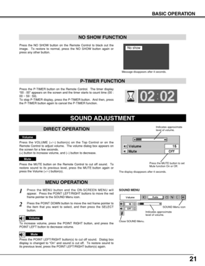 Page 2121
BASIC OPERATION
Press the NO SHOW button on the Remote Control to black out the
image.  To restore to normal, press the NO SHOW button again or
press any other button.
NO SHOW FUNCTION
Message disappears after 4 seconds.
No show
Press the P-TIMER button on the Remote Control.  The timer display
“00 : 00” appears on the screen and the timer starts to count time (00 :
00 ~ 59 : 59).  
To stop P-TIMER display, press the P-TIMER button.  And then, press
the P-TIMER button again to cancel the P-TIMER...