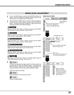 Page 2727
COMPUTER INPUT
Press the POINT LEFT/RIGHT
buttons to adjust value.
Reset all adjustment to their previous levels.
Reset
Store
Closes the IMAGE MENU.
Quit
Other icons operate as follows.
Press the MENU button and the ON-SCREEN MENU will
appear.  Press the POINT LEFT/RIGHT buttons to move the red
frame pointer to the IMAGE ADJUST Menu icon.1
2Press the POINT DOWN button to move the red frame pointer to
the item that you want to adjust, and then press the SELECT
button.  The level of each item is...