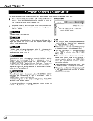 Page 2828
COMPUTER INPUT
PICTURE SCREEN ADJUSTMENT
This projector has a picture screen resize function, which enables you to display the desirable image size.
Press the MENU button and the ON-SCREEN MENU will
appear.  Press the POINT LEFT/RIGHT button(s) to move the
red frame pointer to the SCREEN Menu icon.
When Digital zoom + is selected, the ON-SCREEN MENU
disappears and the message “D. Zoom +” is displayed.  Press the
SELECT button to expand image size.  And press the POINT
UP/DOWN/LEFT/RIGHT button(s) to...