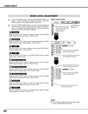 Page 3232
VIDEO INPUT
Press the POINT LEFT/RIGHT
buttons to adjust value.
Press the MENU button and the ON-SCREEN MENU will
appear.  Press the POINT LEFT/RIGHT button(s) to move the
red frame pointer to the IMAGE ADJUST Menu icon.1
2Press the POINT DOWN button to move the red frame pointer to
the item that you want to adjust and then press the SELECT
button.  The level of each item is displayed.  Adjust each level by
pressing the POINT LEFT/RIGHT button(s).
Move the red frame pointer
to the item to be selected...