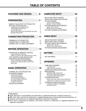 Page 55
TABLE OF CONTENTS
FEATURES AND DESIGN 6
BEFORE OPERATION 14COMPUTER INPUT 22
VIDEO INPUT 29
SETTING 34
APPENDIX 37 PREPARATION 7
NAME OF EACH PART OF PROJECTOR 7
SETTING-UP PROJECTOR 8
CONNECTING AC POWER CORD 8
POSITIONING PROJECTOR 9
ADJUSTABLE FEET 9
INSTALLING PROJECTOR IN PROPER POSITION 10
MOVING PROJECTOR 10
CONNECTING PROJECTOR 11
TERMINALS OF PROJECTOR 11
CONNECTING TO COMPUTER 12
CONNECTING TO VIDEO EQUIPMENT 13
OPERATION OF REMOTE CONTROL 14
LASER POINTER FUNCTION 14
REMOTE CONTROL BATTERIES...