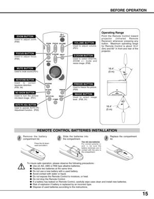 Page 1515
BEFORE OPERATION
To insure safe operation, please observe the following precautions :
Use (2) AA, UM3 or R06 type alkaline batteries.
Replace two batteries at the same time.
Do not use a new battery with a used battery.
Avoid contact with water or liquid.
Do not expose the Remote Control to moisture, or heat.
Do not drop the Remote Control.
If a battery has leaked on Remote Control, carefully wipe case clean and install new batteries.
Risk of explosion if battery is replaced by an incorrect...