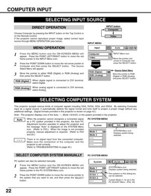 Page 2222
COMPUTER INPUT
SELECTING INPUT SOURCE
MENU OPERATION
DIRECT OPERATION
Choose Computer by pressing the INPUT button on the Top Control or
on the Remote Control.
If the projector cannot reproduce proper image, select correct input
source through MENU OPERATION (see below).
Press the MENU button and the ON-SCREEN MENU will
appear.  Press the POINT LEFT/RIGHT button to move the red
frame pointer to the INPUT Menu icon.1
INPUT button
Computer
Video
SELECTING COMPUTER SYSTEM
This projector accepts various...