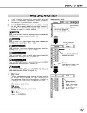 Page 2727
COMPUTER INPUT
Press the POINT LEFT/RIGHT
buttons to adjust value.
Reset all adjustment to their previous levels.
Reset
Store
Closes the IMAGE MENU.
Quit
Other icons operate as follows.
Press the MENU button and the ON-SCREEN MENU will
appear.  Press the POINT LEFT/RIGHT buttons to move the red
frame pointer to the IMAGE ADJUST Menu icon.1
2Press the POINT DOWN button to move the red frame pointer to
the item that you want to adjust, and then press the SELECT
button.  The level of each item is...