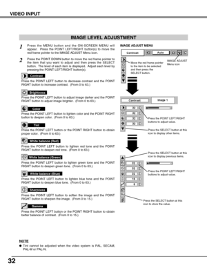 Page 3232
VIDEO INPUT
Press the POINT LEFT/RIGHT
buttons to adjust value.
Press the MENU button and the ON-SCREEN MENU will
appear.  Press the POINT LEFT/RIGHT button(s) to move the
red frame pointer to the IMAGE ADJUST Menu icon.1
2Press the POINT DOWN button to move the red frame pointer to
the item that you want to adjust and then press the SELECT
button.  The level of each item is displayed.  Adjust each level by
pressing the POINT LEFT/RIGHT button(s).
Move the red frame pointer
to the item to be selected...