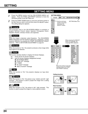 Page 3434
SETTING
SETTING MENU
Ceiling
When this function is “On,” the picture is top / bottom and left / right
reversed.  This function is used to project the image from a ceiling
mounting the projector.
Rear
When this function is “On,” the picture is left / right reversed.  This
function is used to project the image to a rear projection screen.
Ceiling function
Rear function
Keystone
When the image is distorted, select Keystone.  The ON-SCREEN
MENU disappears and the keystone dialog box is displayed....