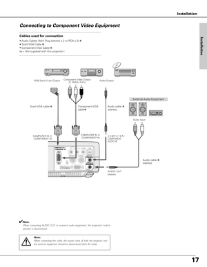 Page 1717
Installation
Installation
Connecting to Component Video Equipment
COMPUTER  IN  1DVI - I
MONITOR  OUT
S-VIDEO
COMPUTER IN 2 / COMPONENT IN / 
COMPUTER / COMPONENT
AUDIO  IN
AUDIO  IN
RVIDEOLUSB
SERVICE PORT 
RESET
(MONO)
(VARIABLE)
AUDIO  OUT
MONITOR  OUT
S-VIDEO
 
COMPUTER / COMPONENT
AUDIO  IN
AUDIO  IN
RVIDEOLUSB
SERVICE PORT 
RESET
(MONO)COMPUTER  IN  1/ COMPONENT  IN  
COMPUTER  IN  2
/   
AUDIO  OUT
(VARIABLE)
Cables used for connection
• Audio Cables (Mini Plug (stereo) x 2 or RCA x 2) ✽
•...