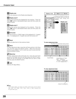 Page 2828
Computer Input
Select the resolution at the Display area dialog box.Display area
Adjusts the horizontal area displayed by this projector.  Press the
Point 
7 8button to decrease/increase value and then press the
SELECT button.Display area H
Adjusts the vertical area displayed by this projector.  Press the
Point 
7 8button to decrease/increase value and then press the
SELECT button.Display area V
With this function on, SXGA image is fully displayed at 4 : 3 aspect
ratio.  It is displayed at 5 : 4...