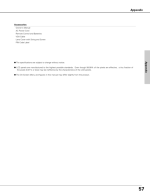 Page 5757
Appendix
Appendix
Accessories
Owners Manual
AC Power Cord
Remote Control and Batteries
VGA Cable
Lens Cover with String and Screw
PIN Code Label
●The specifications are subject to change without notice.
●LCD panels are manufactured to the highest possible standards.  Even though 99.99% of the pixels are effective,  a tiny fraction of
the pixels (0.01% or less) may be ineffective by the characteristics of the LCD panels.
●The On-Screen Menu and figures in this manual may differ slightly from the...