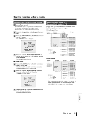 Page 33English
Copying recorded video to media
How to use 32
bCompactFlash format
 If no CD-R/RW driver is connected to the USB terminal,  
the format of the CompactFlash is given priority.
 The microdrive can be formatted in the same way.
1Insert the CompactFlash in the CompactFlash card 
slot.
2Press the PLAY/STOP button, the STILL button, and 
the COPY button.
The COPY TO screen is displayed.
3Move the cursor to FORMAT/ERASE START on 
the last row by turning the J-dial and then turn the 
S-dial clockwise....