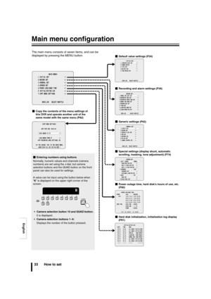 Page 34English
33 How to set
Main menu configuration
                  
      1.INITIAL SET                  ->
      2.RECORD SET                   ->
      3.GENERAL SET                  ->
      4.SCREEN SET                   ->
      5.POWER LOSS/USED TIME         ->
      6.INITIALIZATION LOG           ->
      7.COPY MENU SETTINGS           ->
           MOVE:JOG   SELECT:SHUTTLE
                 
      1.NORMAL REC EASY SET         ->
      2.RECORDING AREA SET          ->
      3.RECORDING CONDITIONS...