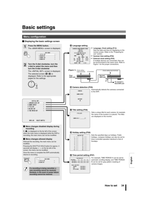 Page 35English
How to set 34
Basic settings
bDisplaying the basic settings screen
Menu configuration
                   
          
             CAMERA DETECT
       
               CONTINUE?
                   NO
                              
          
      CAMERA NO.01  
---------01    
              
        1. -----        11. -----
        2. -----        12. -----
        3. -----        13. -----
        4. -----        14. -----
        5. -----        15. -----
        6. -----        16. -----...