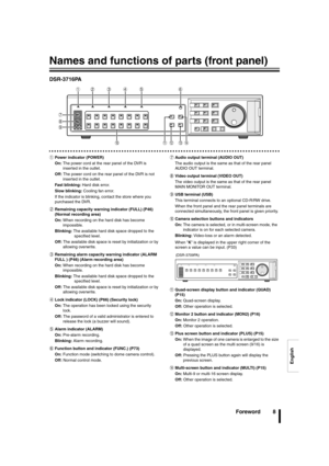 Page 9English
Foreword 8
Names and functions of parts (front panel)
DSR-3716PA
1Power indicator (POWER)
On: The power cord at the rear panel of the DVR is 
inserted in the outlet.
Off: The power cord on the rear panel of the DVR is not 
inserted in the outlet.
Fast blinking: Hard disk error.
Slow blinking: Cooling fan error.
If the indicator is blinking, contact the store where you 
purchased the DVR.
2Remaining capacity warning indicator (FULL) (P46) 
(Normal recording area)
On: When recording on the hard...