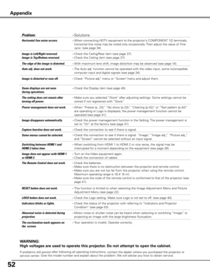 Page 52
52

WARNING:
High voltages are used to operate this projector . Do not attempt to open the cabinet .
If problems still persist after following all operating instructions, contact the dealer where you purchased the projector or  
service center. Give the model number and explain about the problem. We will advise you how to obtain service.
–  Solutions	 Problem: 
	 LOGO	button	does	not	work.  – 
Check the Logo setting. Make sure Logo is not set to off. (see page 40).
	 The	exclamation	mark	appears	on	
the...