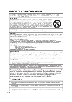Page 2 2
•  Manufactured under license from Dolby Laboratories. “Dolby” and the double-D symbol are trademarks of Dolby 
Laboratories.
•  “HDMI, the HDMI logo and High-Defi nition Multimedia Interface are trademarks or registered trademarks of HDMI 
Licensing LLC.”
IMPORTANT INFORMATION
SHARP LIQUID CRYSTAL TELEVISION, MODEL LC-19SB15U/LC-19SB25U/LC-19SB25U-W
Trademarks
•  Products that have earned the ENERGY STAR® are designed to protect the environment through superior energy 
effi ciency. 