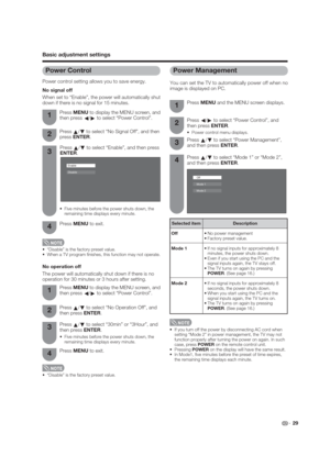 Page 294
Press MENU and the MENU screen displays.1
Press 
c/
d to select “Power Control”, and 
then press ENTER.
 Power control menu displays.
2
Press 
a/
b to select “Power Management”, 
and then press ENTER.3
Press 
a/
b to select “Mode 1” or “Mode 2”, 
and then press ENTER.4
Off 
Mode 1
Mode 2
NOTE
 If you turn off the power by disconnecting AC cord when 
setting “Mode 2” in power management, the TV may not 
function properly after turning the power on again. In such 
case, press POWER on the remote control...