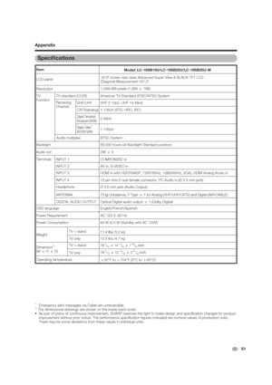 Page 51 51
Speci cations
*1  Emergency alert messages via Cable are unreceivable.*2 The dimensional drawings are shown on the inside back cover.
 As part of policy of continuous improvement, SHARP reserves the right to make design and speci cation changes for product 
improvement without prior notice. The performance speci cation  gures indicated are nominal values of production units. 
There may be some deviations from these values in individual units.
Appendix
LCD panel Item
Model:...