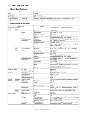 Page 7MX-B200  SPECIFICATIONS  2 - 1
[2] SPECIFICATIONS
1. Basic Specifications
2. Operation specifications
Item
Type Desktop
Copy system Dry, electrostatic
Segment (class) Digital personal copier
Copier dimensions MX-B200 518mm (W) x 445mm (D) x 298mm (H) (20-1/2 (W) x 17-5/8 (D) x 11-3/4 (H))
Weight (Approximately) MX-B200 15.9kg (35.1 lbs.) Toner cartridge not included
Section, item Details
Paper feed 
sectionPaper feed 
system1 tray (250 sheet) + multi-bypass (50 sheet)
AB system Tray paper feed...