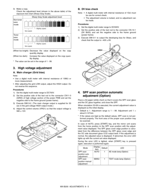 Page 66MX-B200  ADJUSTMENTS  9 - 5 3) Make a copy.
Check the adjustment level (shown in the above table) of the
exposure test chart (Sharp Gray Scale).
(When too bright):Decrease the value displayed on the copy
quantity display.
(When too dark):Increase the value displayed on the copy quan-
tity display.
* The value can be set in the range of 1 - 99.
3. High voltage adjustment
A. Main charger (Grid bias)
Note:
 Use a digital multi meter with internal resistance of 10MΩ or
more measurement.
 After adjusting the...