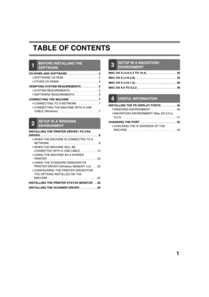 Page 1301
TABLE OF CONTENTS
1BEFORE INSTALLING THE 
SOFTWARE
CD-ROMS AND SOFTWARE . . . . . . . . . . . . . . . . . . . . 2
 SOFTWARE CD-ROM . . . . . . . . . . . . . . . . . . . . . . 2
 OTHER CD-ROMS . . . . . . . . . . . . . . . . . . . . . . . . . 4
VERIFYING SYSTEM REQUIREMENTS . . . . . . . . . . . 5
 SYSTEM REQUIREMENTS . . . . . . . . . . . . . . . . . . 5
 SOFTWARE REQUIREMENTS . . . . . . . . . . . . . . . 6
CONNECTING THE MACHINE  . . . . . . . . . . . . . . . . . . 7
 CONNECTING TO A NETWORK. ....