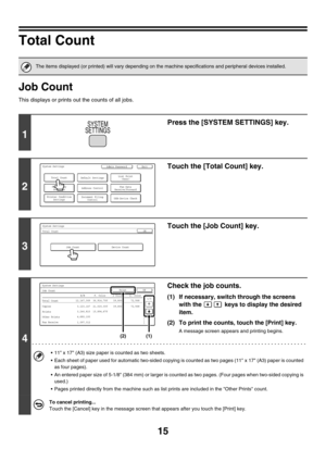 Page 1715
Total Count
Job Count
This displays or prints out the counts of all jobs.
The items displayed (or printed) will vary depending on the machine specifications and peripheral devices installed.
1
Press the [SYSTEM SETTINGS] key.
2
Touch the [Total Count] key.
3
Touch the [Job Count] key.
4
Check the job counts.
(1) If necessary, switch through the screens 
with the   keys to display the desired 
item.
(2) To print the counts, touch the [Print] key.
A message screen appears and printing begins.
 11 x 17...