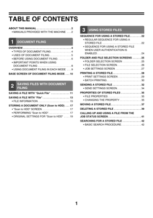 Page 1771
TABLE OF CONTENTS
ABOUT THIS MANUAL  . . . . . . . . . . . . . . . . . . . . . . . . 2
• MANUALS PROVIDED WITH THE MACHINE . . . 2
1DOCUMENT FILING
OVERVIEW . . . . . . . . . . . . . . . . . . . . . . . . . . . . . . . . . . 4
 TYPES OF DOCUMENT FILING . . . . . . . . . . . . . . 4
 USES OF DOCUMENT FILING . . . . . . . . . . . . . . . 5
 BEFORE USING DOCUMENT FILING  . . . . . . . . . 6
 IMPORTANT POINTS WHEN USING 
DOCUMENT FILING  . . . . . . . . . . . . . . . . . . . . . . . 8
 USING DOCUMENT...