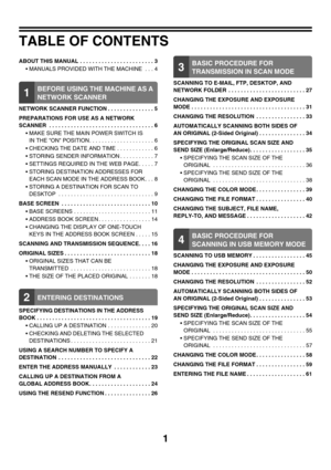 Page 2241
TABLE OF CONTENTS
ABOUT THIS MANUAL  . . . . . . . . . . . . . . . . . . . . . . . . 3
• MANUALS PROVIDED WITH THE MACHINE . . . 4
1BEFORE USING THE MACHINE AS A 
NETWORK SCANNER
NETWORK SCANNER FUNCTION . . . . . . . . . . . . . . . 5
PREPARATIONS FOR USE AS A NETWORK 
SCANNER  . . . . . . . . . . . . . . . . . . . . . . . . . . . . . . . . . . 6
 MAKE SURE THE MAIN POWER SWITCH IS 
IN THE ON POSITION . . . . . . . . . . . . . . . . . . . . . 6
 CHECKING THE DATE AND TIME . . . . . . . . . . . . 6
...