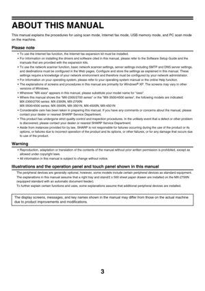 Page 2263
ABOUT THIS MANUAL
This manual explains the procedures for using scan mode, Internet fax mode, USB memory mode, and PC scan mode 
on the machine.
Please note
 To use the Internet fax function, the Internet fax expansion kit must be installed.
 For information on installing the drivers and software cited in this manual, please refer to the Software Setup Guide and the 
manuals that are provided with the expansion kits.
 To use the network scanner function, basic network scanner settings, server...