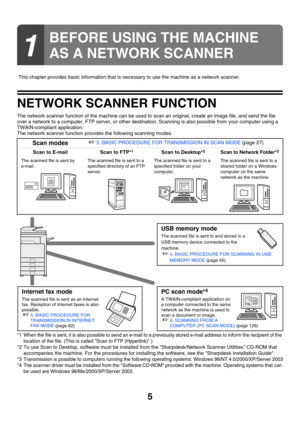 Page 2285
 This chapter provides basic information that is necessary to use the machine as a network scanner.
NETWORK SCANNER FUNCTION
The network scanner function of the machine can be used to scan an original, create an image file, and send the file 
over a network to a computer, FTP server, or other destination. Scanning is also possible from your computer using a 
TWAIN-compliant application.
The network scanner function provides the following scanning modes.
*1 When the file is sent, it is also possible to...