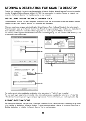 Page 2329
STORING A DESTINATION FOR SCAN TO DESKTOP
To store your computer in the machine as the destination of Scan to Desktop, Network Scanner Tool must be installed 
from the Sharpdesk/Network Scanner Utilities CD-ROM that accompanies the machine. To scan an image to your 
computer, the Network Scanner Tool must be running on your computer.
INSTALLING THE NETWORK SCANNER TOOL
To install Network Scanner Tool, see Sharpdesk Installation Guide that accompanies the machine. When a standard 
installation is...