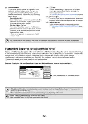 Page 23512
(9) Customized keys
The keys that appear here can be changed to show 
settings or functions that you prefer. The keys are 
changed in Customize Key Setting in the system 
settings (administrator). The following keys appear by 
factory default:
[Special Modes] key
Touch this key to use a convenient special mode. This 
is the same [Special Modes] key that appears when 
the [Image Settings] key is touched.
[File] key, [Quick File] key*
Touch one of these keys to use the File function or 
Quick File...