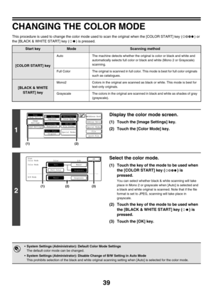 Page 26239
CHANGING THE COLOR MODE
This procedure is used to change the color mode used to scan the original when the [COLOR START] key ( ) or 
the [BLACK & WHITE START] key ( ) is pressed.
Start keyModeScanning method
[COLOR START] key
AutoThe machine detects whether the original is color or black and white and 
automatically selects full color or black and white (Mono 2 or Grayscale) 
scanning.
Full ColorThe original is scanned in full color. This mode is best for full color originals 
such as catalogues....