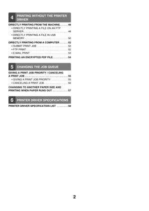 Page 3572
4PRINTING WITHOUT THE PRINTER 
DRIVER
DIRECTLY PRINTING FROM THE MACHINE. . . . . . 48
 DIRECTLY PRINTING A FILE ON AN FTP 
SERVER . . . . . . . . . . . . . . . . . . . . . . . . . . . . . . . . 48
 DIRECTLY PRINTING A FILE IN USB 
MEMORY . . . . . . . . . . . . . . . . . . . . . . . . . . . . . . . 50
DIRECTLY PRINTING FROM A COMPUTER . . . . . . 52
 SUBMIT PRINT JOB  . . . . . . . . . . . . . . . . . . . . . . 52
 FTP PRINT . . . . . . . . . . . . . . . . . . . . . . . . . . . . . . 52
 E-MAIL...