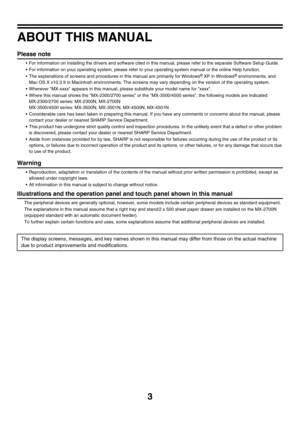 Page 3583
ABOUT THIS MANUAL
Please note
 For information on installing the drivers and software cited in this manual, please refer to the separate Software Setup Guide.
 For information on your operating system, please refer to your operating system manual or the online Help function.
 The explanations of screens and procedures in this manual are primarily for Windows
® XP in Windows® environments, and 
Mac OS X v10.3.9 in Macintosh environments. The screens may vary depending on the version of the operating...