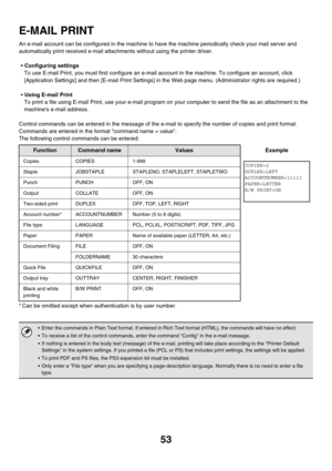 Page 40853
E-MAIL PRINT
An e-mail account can be configured in the machine to have the machine periodically check your mail server and 
automatically print received e-mail attachments without using the printer driver.
Configuring settings
To use E-mail Print, you must first configure an e-mail account in the machine. To configure an account, click 
[Application Settings] and then [E-mail Print Settings] in the Web page menu. (Administrator rights are required.)
Using E-mail Print
To print a file using E-mail...