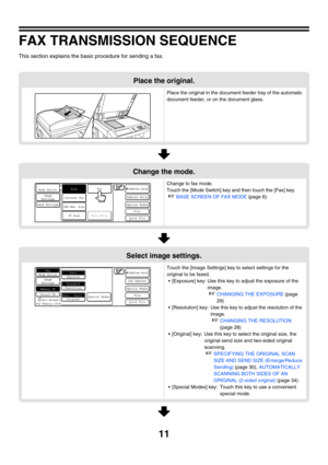 Page 42711
FAX TRANSMISSION SEQUENCE
This section explains the basic procedure for sending a fax.
Place the original.
Place the original in the document feeder tray of the automatic 
document feeder, or on the document glass.
Change the mode.
Change to fax mode.
Touch the [Mode Switch] key and then touch the [Fax] key.
☞BASE SCREEN OF FAX MODE (page 6)
Select image settings.
Touch the [Image Settings] key to select settings for the 
original to be faxed.
 [Exposure] key: Use this key to adjust the exposure of...