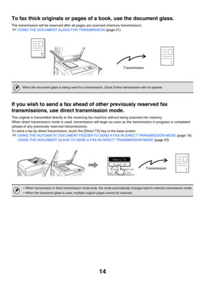 Page 43014
To fax thick originals or pages of a book, use the document glass.
The transmission will be reserved after all pages are scanned (memory transmission).
☞USING THE DOCUMENT GLASS FOR TRANSMISSION (page 21)
If you wish to send a fax ahead of other previously reserved fax 
transmissions, use direct transmission mode.
The original is transmitted directly to the receiving fax machine without being scanned into memory.
When direct transmission mode is used, transmission will begin as soon as the...