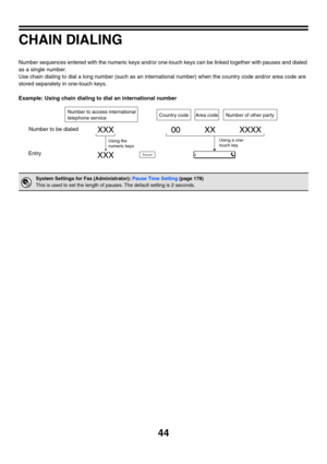 Page 46044
CHAIN DIALING
Number sequences entered with the numeric keys and/or one-touch keys can be linked together with pauses and dialed 
as a single number.
Use chain dialing to dial a long number (such as an international number) when the country code and/or area code are 
stored separately in one-touch keys.
Example: Using chain dialing to dial an international number
System Settings for Fax (Administrator): Pause Time Setting (page 178)
This is used to set the length of pauses. The default setting is 2...