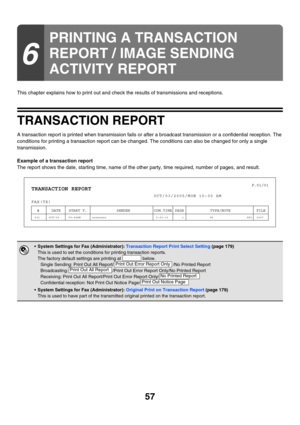 Page 47357
This chapter explains how to print out and check the results of transmissions and receptions.
TRANSACTION REPORT
A transaction report is printed when transmission fails or after a broadcast transmission or a confidential reception. The 
conditions for printing a transaction report can be changed. The conditions can also be changed for only a single 
transmission.
Example of a transaction report
The report shows the date, starting time, name of the other party, time required, number of pages, and...