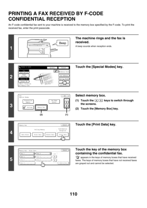 Page 526110
PRINTING A FAX RECEIVED BY F-CODE 
CONFIDENTIAL RECEPTION
An F-code confidential fax sent to your machine is received to the memory box specified by the F-code. To print the 
received fax, enter the print passcode.
1
The machine rings and the fax is 
received.
A beep sounds when reception ends.
2
Touch the [Special Modes] key.
3
Select memory box.
(1) Touch the   keys to switch through 
the screens.
(2) Touch the [Memory Box] key.
4
Touch the [Print Data] key.
5
Touch the key of the memory box...