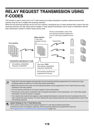 Page 535119
RELAY REQUEST TRANSMISSION USING 
F-CODES
This function is used to send a fax to an F-code memory box (relay broadcast) in another machine and have that 
machine relay the fax to multiple end receiving machines.
When the end receiving machines are far from your machine, sending the fax to a relay machine that is close to the end 
receiving machines can help reduce phone charges. A relay request transmission can be used in combination with the 
timer transmission function to further reduce phone...