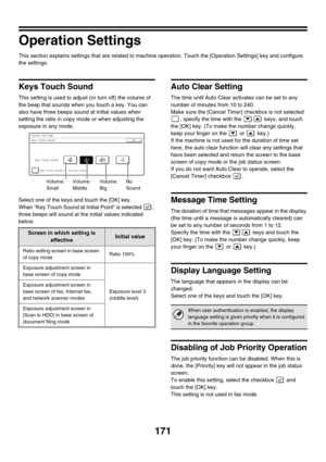 Page 587171
Operation Settings
This section explains settings that are related to machine operation. Touch the [Operation Settings] key and configure 
the settings.
Keys Touch Sound
This setting is used to adjust (or turn off) the volume of 
the beep that sounds when you touch a key. You can 
also have three beeps sound at initial values when 
setting the ratio in copy mode or when adjusting the 
exposure in any mode.
Select one of the keys and touch the [OK] key.
When Key Touch Sound at Initial Point is...