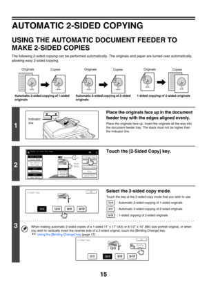 Page 62115
AUTOMATIC 2-SIDED COPYING
USING THE AUTOMATIC DOCUMENT FEEDER TO 
MAKE 2-SIDED COPIES
The following 2-sided copying can be performed automatically. The originals and paper are turned over automatically, 
allowing easy 2-sided copying.
Automatic 2-sided copying of 1-sided 
originalsAutomatic 2-sided copying of 2-sided 
originals1-sided copying of 2-sided originals
1
Place the originals face up in the document 
feeder tray with the edges aligned evenly.
Place the originals face up. Insert the originals...