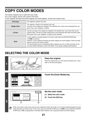 Page 62721
COPY COLOR MODES
This section explains how to select the color mode.
For a color original, set the color mode to Full Color.
If color originals and black and white originals are mixed together, set the color mode to Auto.
SELECTING THE COLOR MODE
Full ColorThe original is copied in full color.
Single Color
The original is copied in the selected color only.
All colors in the original are changed to the selected color, which can be selected from red, 
green, blue, cyan, magenta, or yellow.
2 Color
Only...