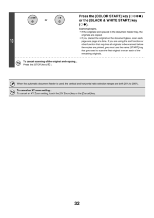 Page 63832
10
Press the [COLOR START] key ( ) 
or the [BLACK & WHITE START] key 
().
Scanning begins.
 If the originals were placed in the document feeder tray, the 
originals are copied.
 If you placed the original on the document glass, scan each 
page one page at a time. If you are using the sort function or 
other function that requires all originals to be scanned before 
the copies are printed, you must use the same [START] key 
that you used to scan the first original to scan each of the 
remaining...