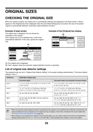 Page 63933
ORIGINAL SIZES
CHECKING THE ORIGINAL SIZE
When the original is placed, the original size is automatically detected and displayed in the base screen. If [Auto] 
appears in the [Original] key that is displayed when the [Job Detail Settings] key is touched, the size of the placed 
original is automatically detected. (Automatic original detection function)
Example of base screen
The original size is displayed. An icon shows the 
orientation of the original.
If the original size is not a standard size, it...