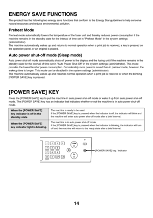 Page 78914
ENERGY SAVE FUNCTIONS
This product has the following two energy save functions that conform to the Energy Star guidelines to help conserve 
natural resources and reduce environmental pollution.
Preheat Mode
Preheat mode automatically lowers the temperature of the fuser unit and thereby reduces power consumption if the 
machine remains in the standby state for the interval of time set in Preheat Mode in the system settings 
(administrator).
The machine automatically wakes up and returns to normal...