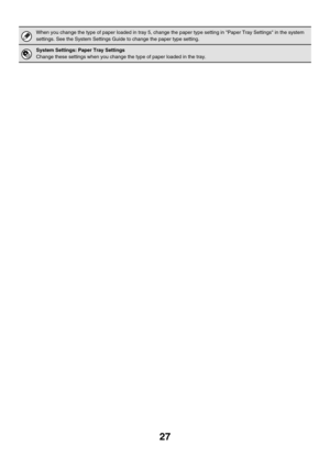 Page 80227
When you change the type of paper loaded in tray 5, change the paper type setting in Paper Tray Settings in the system 
settings. See the System Settings Guide to change the paper type setting.
System Settings: Paper Tray Settings
Change these settings when you change the type of paper loaded in the tray. 