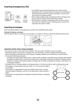 Page 806
31
Inserting transparency film
Inserting envelopes
When inserting envelopes in the bypass tray, set them in the orientation shown below.
Example of loading a envelope
Only the address side of an envelope can be printed on or copied on. Be sure to place the address side face down.
Important points when using envelopes
• Do not print or copy on both sides of the envelope. This may result in misfeeds or poor print quality.
 Restrictions apply to some types of envelopes. For more  information, consult a...